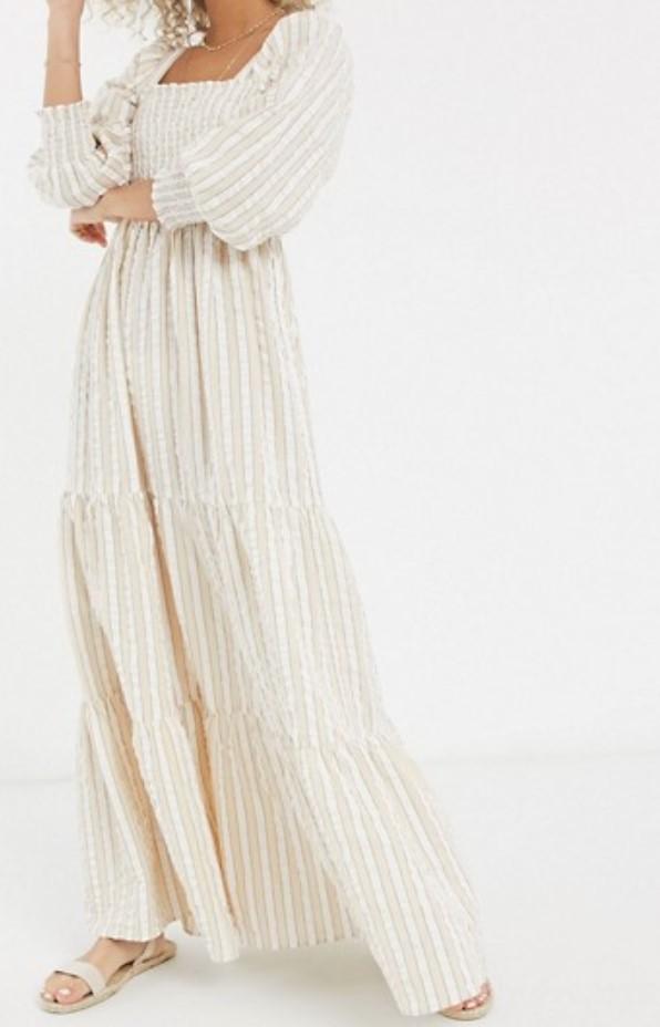 Shirred bustier tiered maxi dress in seersucker stripe