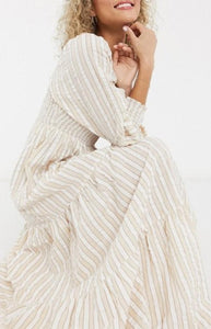 Shirred bustier tiered maxi dress in seersucker stripe